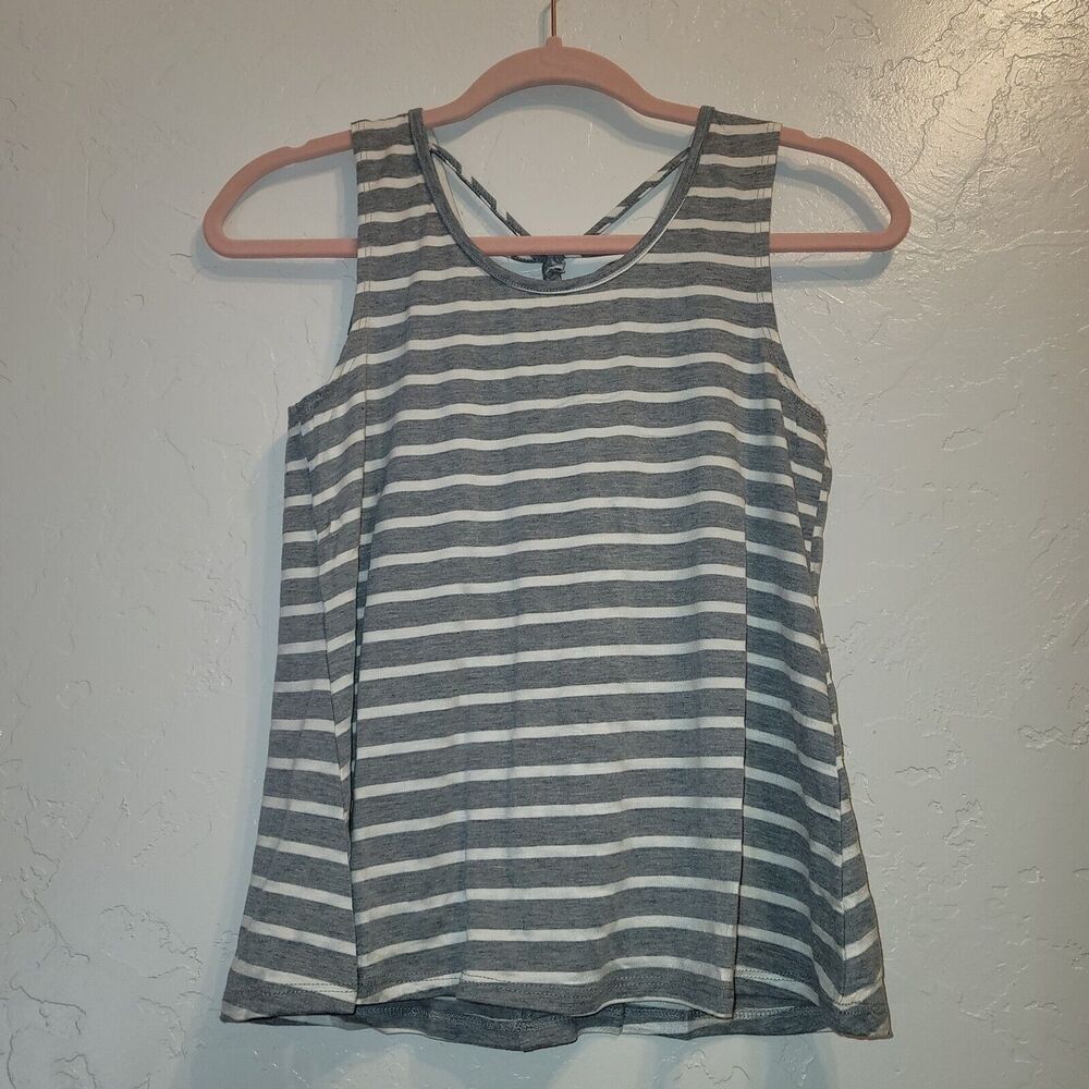Womens S Sleeveless Tank Top Striped Shirt Gray White Casual Braided Rear Straps